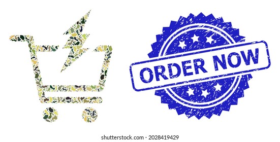 Military camouflage collage of proceed purchase, and Order Now dirty rosette stamp seal. Blue stamp seal contains Order Now text inside rosette.