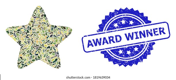Military camouflage collage of red star, and Award Winner rubber rosette stamp seal. Blue stamp seal includes Award Winner tag inside rosette. Mosaic red star designed with camouflage spots.