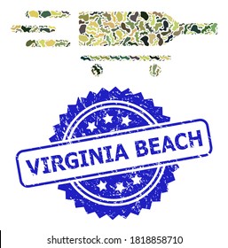 Military camouflage collage of rolling wine delivery, and Virginia Beach unclean rosette seal. Blue stamp seal contains Virginia Beach title inside rosette.