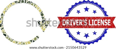 Military camouflage collage of rotate CW icon, and bicolor unclean Driver'S License seal. Vector seal with Driver'S License title inside red ribbon and blue rosette, grunge bicolored style.