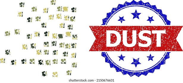 Military Camouflage Collage Of Scattered Square Particles Icon, And Bicolor Unclean Dust Watermark. Vector Seal With Dust Text Inside Red Ribbon And Blue Rosette, Grunge Bicolored Style.