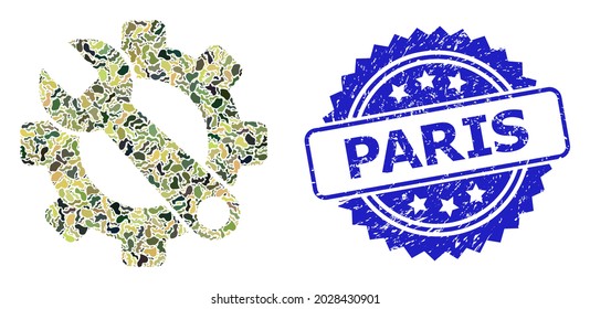 Military camouflage collage of service tools, and Paris unclean rosette seal print. Blue stamp includes Paris caption inside rosette. Mosaic service tools designed with camouflage elements.