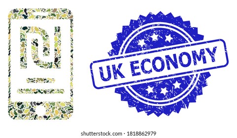 Military camouflage collage of shekel mobile account, and Uk Economy textured rosette seal print. Blue stamp seal includes Uk Economy title inside rosette.