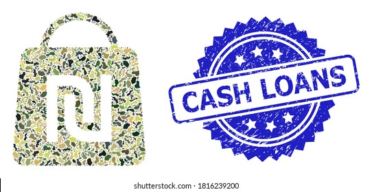 Military camouflage collage of shekel shopping bag, and Cash Loans dirty rosette seal. Blue stamp seal includes Cash Loans caption inside rosette.