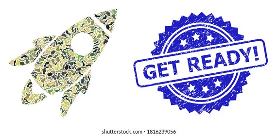 Military camouflage collage of space rocket, and Get Ready! unclean rosette stamp. Blue stamp has Get Ready! text inside rosette. Mosaic space rocket designed with camouflage elements.