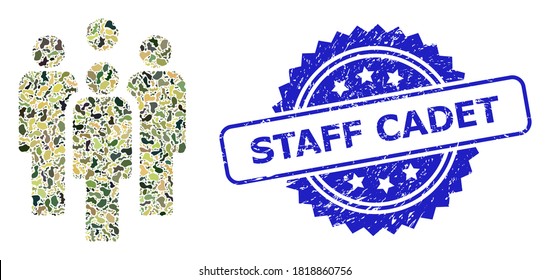 Military camouflage collage of staff, and Staff Cadet dirty rosette seal. Blue stamp seal contains Staff Cadet caption inside rosette. Mosaic staff designed with camo spots.