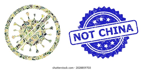 Military camouflage collage of stop microbe, and Not China textured rosette stamp. Blue stamp includes Not China title inside rosette. Mosaic stop microbe designed with camouflage elements.