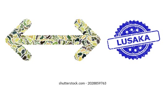 Military camouflage collage of swap arrows, and Lusaka grunge rosette stamp seal. Blue stamp seal includes Lusaka text inside rosette. Mosaic swap arrows designed with camo elements.