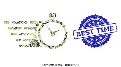 Military camouflage collage of time, and Best Time rubber rosette stamp. Blue stamp seal contains Best Time title inside rosette. Mosaic time designed with camouflage texture.