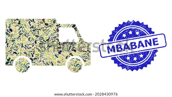 Military camouflage\
collage of van car, and Mbabane grunge rosette stamp seal. Blue\
stamp has Mbabane tag inside rosette. Mosaic van car constructed\
with camouflage\
spots.