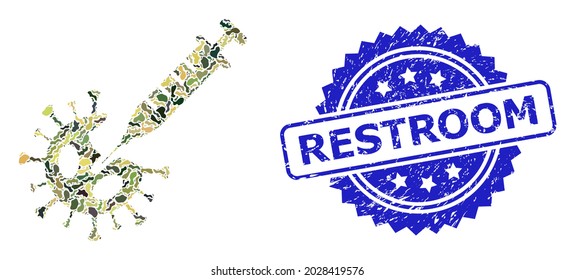 Military camouflage collage of virus vaccination, and Restroom scratched rosette seal print. Blue stamp seal contains Restroom caption inside rosette.