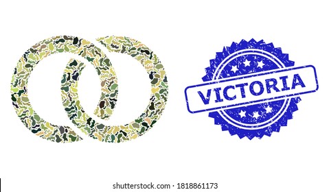 Military camouflage collage of wedding rings, and Victoria scratched rosette watermark. Blue stamp seal contains Victoria tag inside rosette. Mosaic wedding rings designed with camouflage elements.