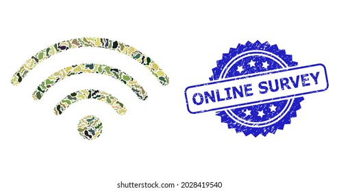 Military camouflage collage of Wi-Fi source, and Online Survey corroded rosette stamp seal. Blue stamp contains Online Survey tag inside rosette. Mosaic Wi-Fi source designed with camouflage texture.
