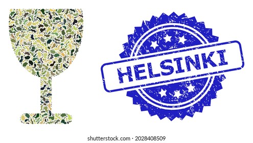 Military camouflage collage of wine cup, and Helsinki dirty rosette seal print. Blue seal includes Helsinki caption inside rosette. Mosaic wine cup designed with camouflage spots.