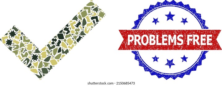 Military camouflage collage of yes tick icon, and bicolor grunge Problems Free seal stamp. Vector seal with Problems Free tag inside red ribbon and blue rosette, retro bicolored style.
