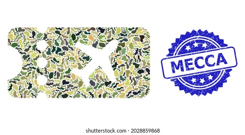 Military camouflage combination of air ticket, and Mecca dirty rosette stamp seal. Blue stamp seal includes Mecca tag inside rosette. Mosaic air ticket constructed with camouflage items.