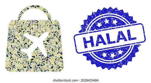 Military camouflage combination of airport shopping, and Halal scratched rosette seal print. Blue stamp seal contains Halal text inside rosette. Mosaic airport shopping designed with camouflage items.