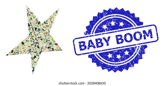 Military camouflage combination of asymmetrical star, and Baby Boom grunge rosette stamp. Blue stamp seal includes Baby Boom title inside rosette.