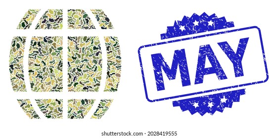 Military camouflage combination of barrel, and May unclean rosette stamp. Blue stamp seal has May tag inside rosette. Mosaic barrel designed with camouflage elements.