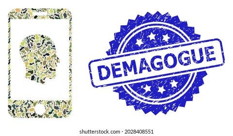 Military camouflage combination of cellphone profile, and Demagogue dirty rosette stamp seal. Blue stamp seal has Demagogue title inside rosette.