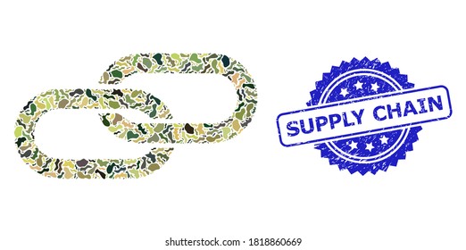 Military Camouflage Combination Of Chain, And Supply Chain Dirty Rosette Stamp Seal. Blue Seal Contains Supply Chain Title Inside Rosette. Mosaic Chain Constructed With Camouflage Items.