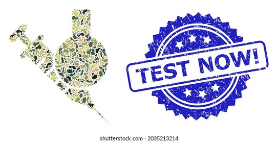 Military camouflage combination of chemical vaccine, and Test Now Exclamation grunge rosette stamp seal. Blue seal has Test Now Exclamation text inside rosette. Mosaic chemical vaccine constructed