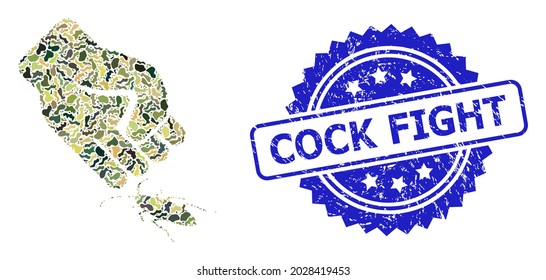 Military camouflage combination of cockroach punch, and Cock Fight dirty rosette stamp seal. Blue stamp seal contains Cock Fight text inside rosette.