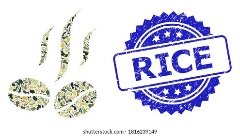 Military camouflage combination of coffee beans smell, and Rice grunge rosette seal print. Blue seal includes Rice text inside rosette. Mosaic coffee beans smell constructed with camouflage spots.