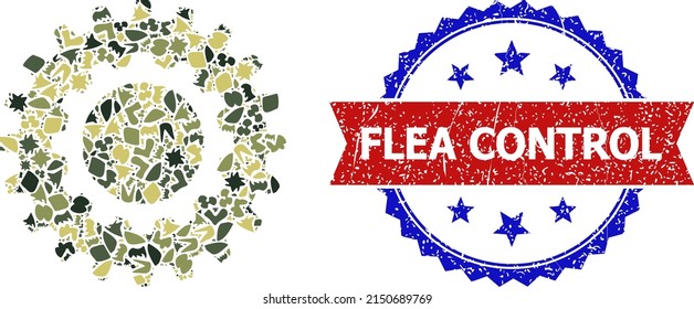 Military camouflage combination of cogwheel icon, and bicolor scratched Flea Control watermark. Vector watermark with Flea Control caption inside red ribbon and blue rosette,