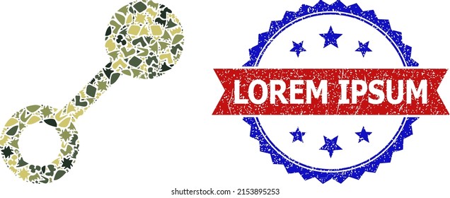 Military camouflage combination of connect icon, and bicolor grunge Lorem Ipsum seal. Vector seal with Lorem Ipsum text inside red ribbon and blue rosette, grunge bicolored style.