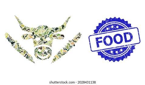 Military camouflage combination of cow butchery, and Food unclean rosette stamp seal. Blue stamp seal contains Food title inside rosette. Mosaic cow butchery constructed with camouflage items.