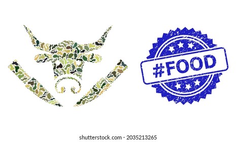 Military camouflage combination of cow butchery, and hashtag Food corroded rosette seal. Blue seal includes hashtag Food caption inside rosette. Mosaic cow butchery designed with camouflage spots.