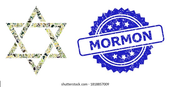 Military camouflage combination of david star, and Mormon unclean rosette seal. Blue seal contains Mormon caption inside rosette. Mosaic david star constructed with camouflage items.
