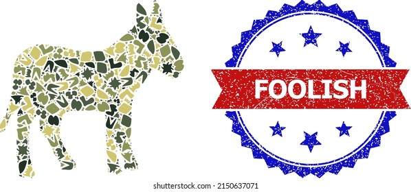 Military camouflage combination of donkey icon, and bicolor dirty Foolish watermark. Vector watermark with Foolish title inside red ribbon and blue rosette, distress bicolored style.