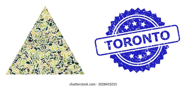 Military camouflage combination of filled triangle, and Toronto scratched rosette seal. Blue seal includes Toronto text inside rosette. Mosaic filled triangle constructed with camouflage items.