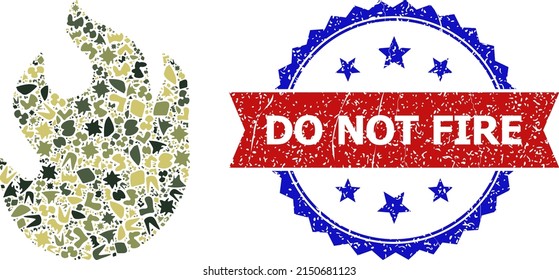 Military camouflage combination of fire icon, and bicolor grunge Do Not Fire watermark. Vector watermark with Do Not Fire caption inside red ribbon and blue rosette, scratched bicolored style.