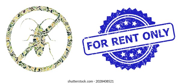 Military camouflage combination of forbidden cockroach, and For Rent Only textured rosette stamp seal. Blue stamp seal has For Rent Only tag inside rosette.