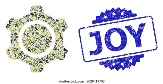 Military camouflage combination of gear, and Joy textured rosette seal imitation. Blue stamp seal includes Joy title inside rosette. Mosaic gear constructed with camouflage elements.