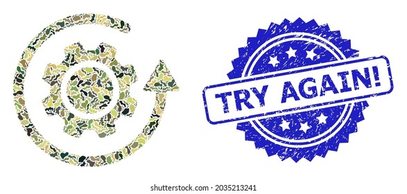 Military camouflage combination of gear rotation, and Try Again Exclamation rubber rosette stamp seal. Blue stamp seal has Try Again Exclamation caption inside rosette. Mosaic gear rotation