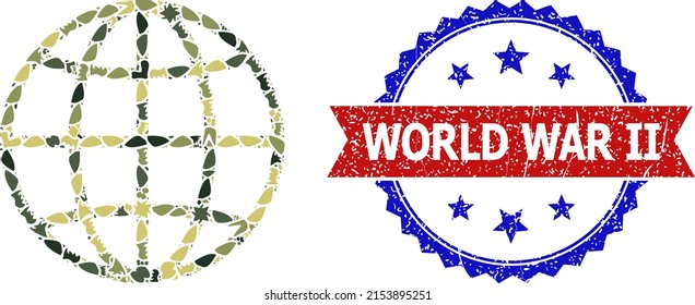 Military camouflage combination of globe icon, and bicolor grunge World War Ii watermark. Vector imprint with World War Ii caption inside red ribbon and blue rosette, unclean bicolored style.