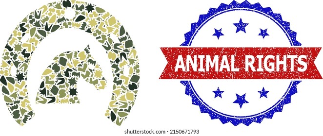 Military Camouflage Combination Of Horse Farming Icon, And Bicolor Scratched Animal Rights Seal. Vector Seal With Animal Rights Title Inside Red Ribbon And Blue Rosette, Scratched Bicolored Style.