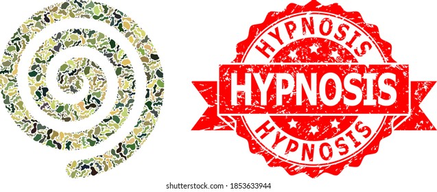 Military camouflage combination of hypnosis spiral, and Hypnosis dirty stamp seal. Red stamp seal has Hypnosis text inside ribbon. Mosaic hypnosis spiral designed with camouflage texture.