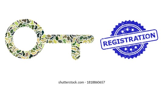 Military camouflage combination of key, and Registration grunge rosette stamp seal. Blue stamp seal has Registration caption inside rosette. Mosaic key constructed with camouflage items.