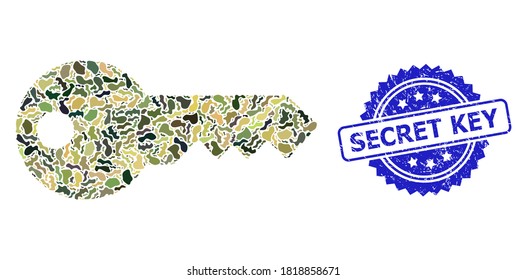 Military camouflage combination of key, and Secret Key textured rosette stamp. Blue stamp contains Secret Key tag inside rosette. Mosaic key constructed with camo spots.