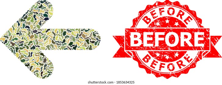 Military camouflage combination of left direction, and Before dirty seal print. Red stamp seal has Before tag inside ribbon. Mosaic left direction constructed with camouflage texture.