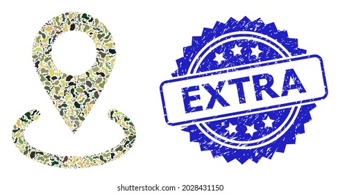 Military camouflage combination of location, and Extra grunge rosette seal. Blue stamp seal has Extra tag inside rosette. Mosaic location designed with camouflage items.