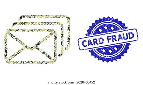 Military camouflage combination of mail queue, and Card Fraud grunge rosette seal print. Blue seal includes Card Fraud title inside rosette. Mosaic mail queue designed with camouflage texture.