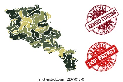 Military camouflage combination of map of Armenia and red rubber seals. Vector top secret and armed forces imprints with distress rubber texture. Army flat design for military purposes.