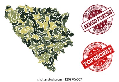 Military camouflage combination of map of Bosnia and Herzegovina and red scratched seals. Vector top secret and armed forces seals with retro rubber texture.