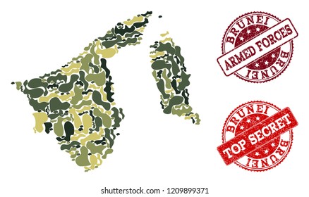 Military camouflage combination of map of Brunei and red rubber seal stamps. Vector top secret and armed forces imprints with corroded rubber texture. Army flat design for military illustrations.